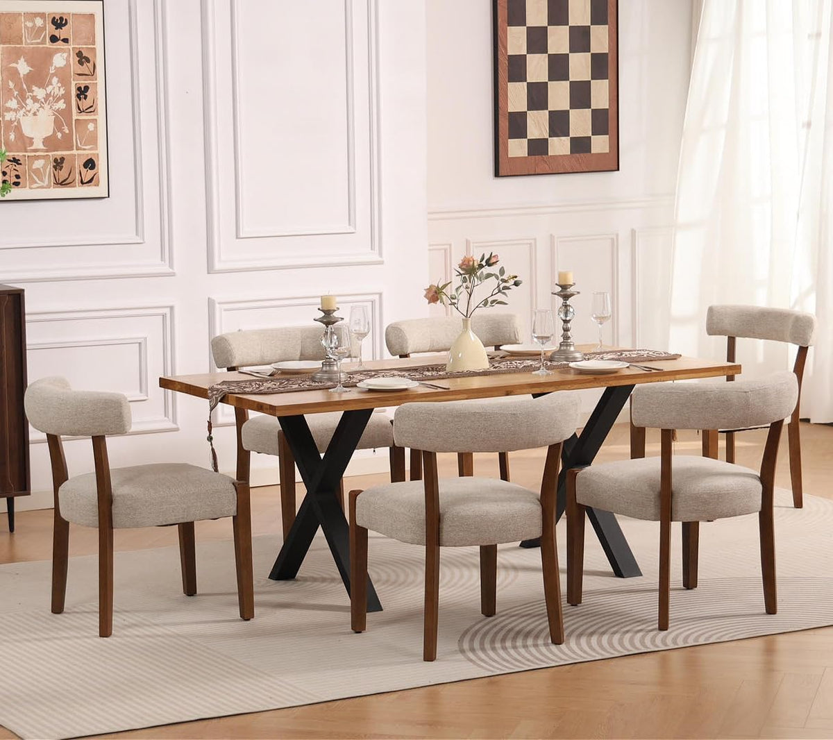 RNKSFX Modern Dining Chairs Set of 8, Walnut Upholstered Kitchen & Dining Room Chairs, Mid Century Modern Wooden Dining Chairs Oversized Sturdy Rounded Chairs Curved Back, Beige Fabric