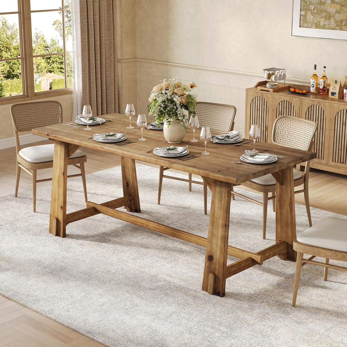 LITTLE TREE Solid Wood Dining Table for 6, 63-Inch Rustic Dining Room Tables, Wood Rectangular Kitchen Dinner Table for 4, Farmhouse Brown