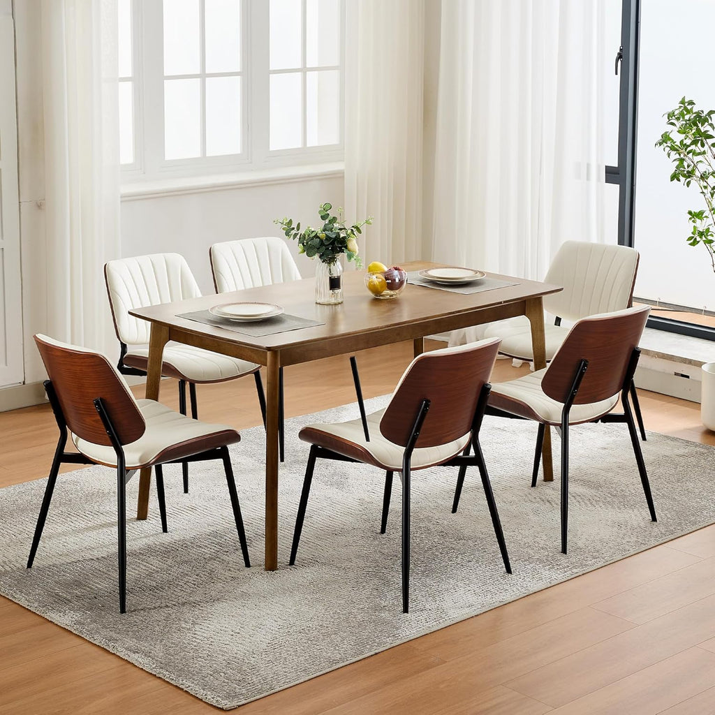 Garvee Dining Chairs Set of 4, Mid-Century Modern Upholstered Retro PU Leather Kitchen Chairs with Walnut Bentwood Back and Metal Legs Adjustable Feet for Kitchen Dining Room, White Shell Strips