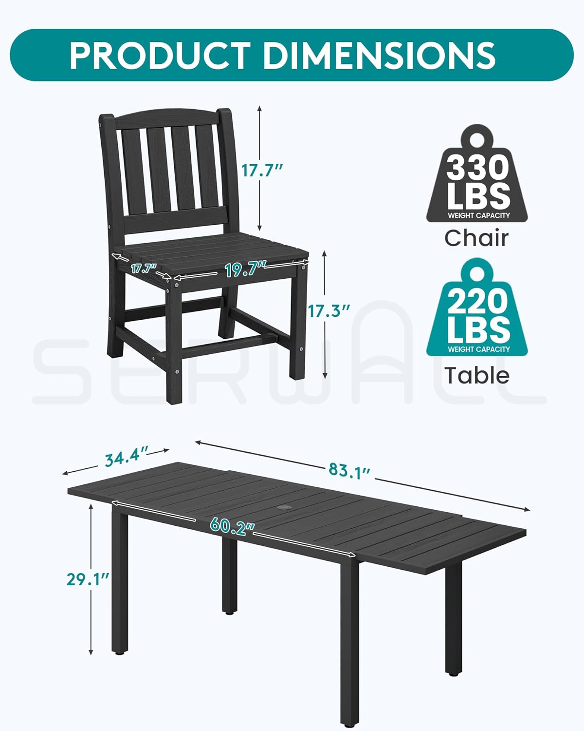 SERWALL Outdoor Expandable Dining Table 60" - 83", Patio Dining Table for 4-10 People, All Weather HDPE and Aluminum Outdoor Furniture, Black