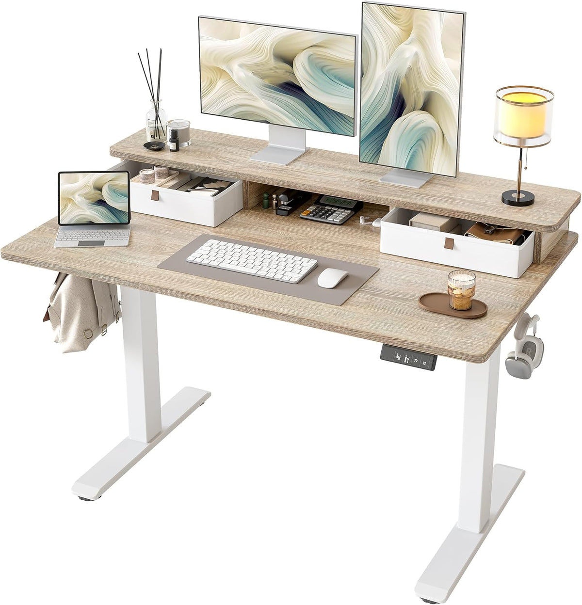 TIQLAB Standing Desk with Two Drawers, Stand Up Standing Desk Adjustable Height, Electric Sit Stand Table with Storage Shelf and Splice Board, 48 * 24 inch, Maple