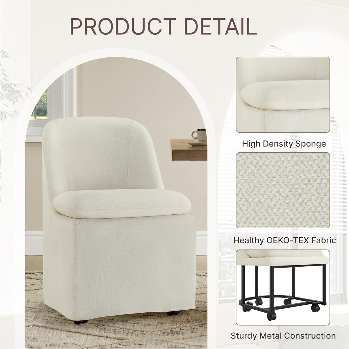 KISLOT Upholstered Dining Chairs Set of 4 with Hidden Casters, Modern Kitchen Chairs with Removable Washable Cover, Padded Dining Room Chairs with Chenille Velvet Fabric & Metal Frame, Beige