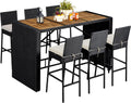 Yaheetech 7 Piece Patio Dining Set Outdoor Acacia Wood Bar Table and Chairs with Removable Cushions, Wicker Furniture Set for Deck, Backyard, Garden, Black/Beige