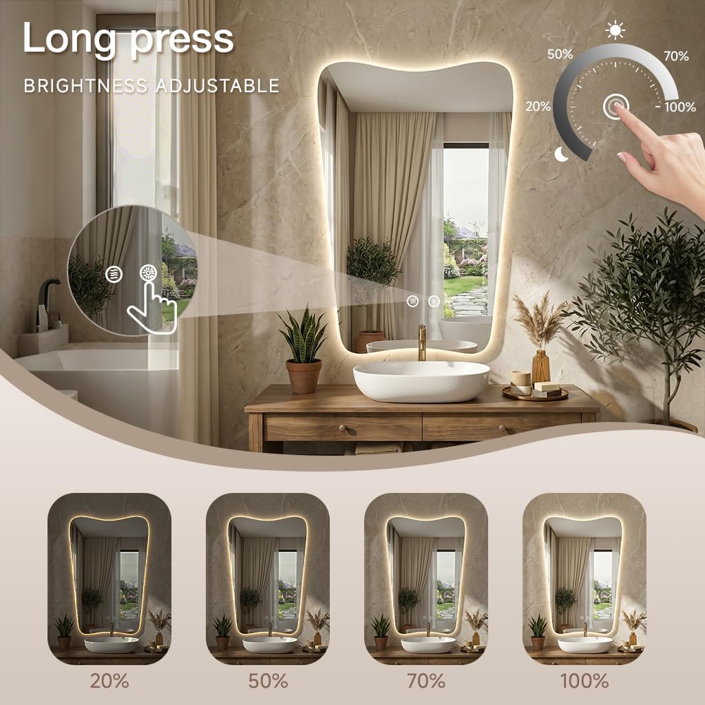 24x36 Inch Led Wall Mirror Decorative Backlit Bathroom Mirror Frameless Vanity Mirror Fog-Proof 3 Color Changing Shatter-Resistant Touch Sensor Suitable for Bedroom Living Room