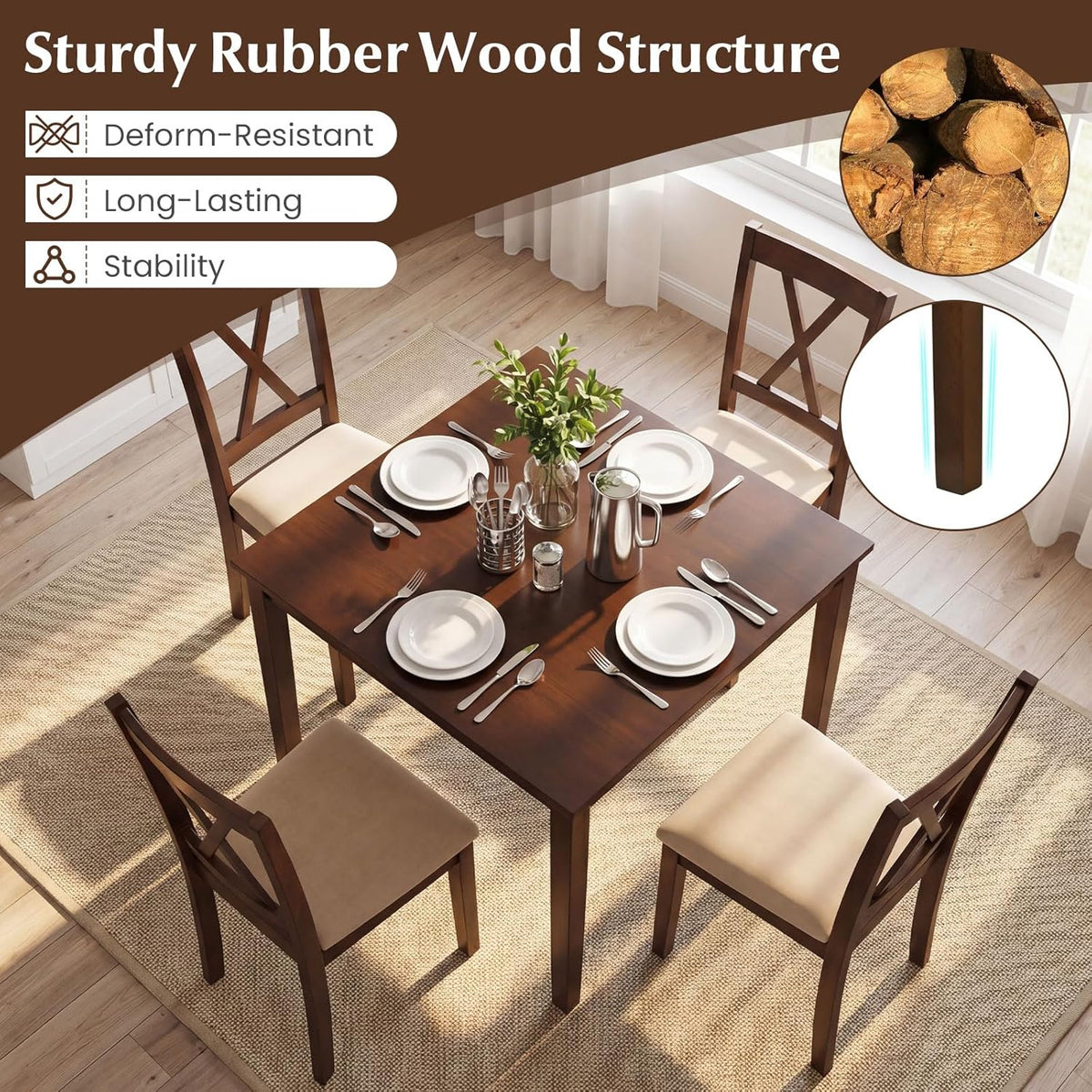 Giantex Dining Table Set for 4, Square Kitchen Table Set w/Rubber Wood Frame, 4 Upholstered Chairs w/X-Shaped Backrest, Space-Saving Dinette Set for Small Space, Dining Room, Breakfast Nook