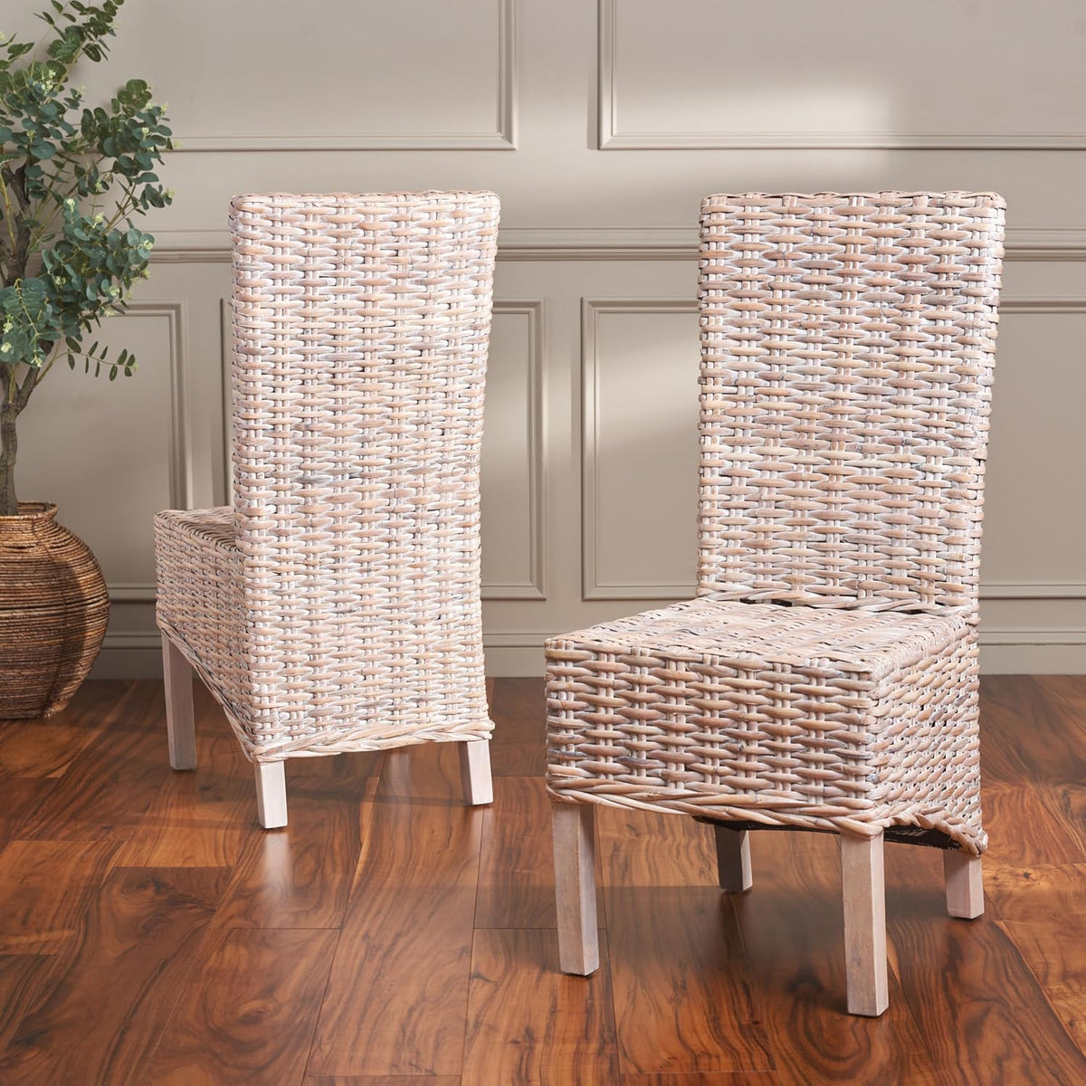 SAFAVIEH Furniture - Pembrooke Side Chair Set of 2-20' Seat Height - White-Washed - Mango Wood - Coastal Rattan Design - Ideal for Dining Room - Fully Assembled (FOX6520C-SET2)