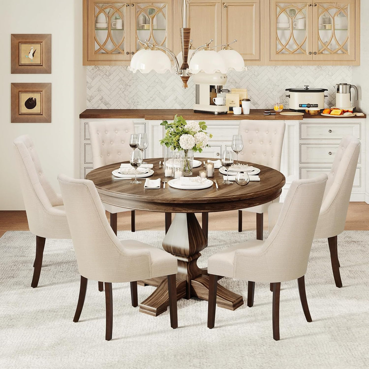 COLAMY Wingback Upholstered Dining Chairs Set of 2, Fabric Side Dining Room Chairs with Tufted Button, Living Room Chairs for Home Kitchen Resturant- Beige
