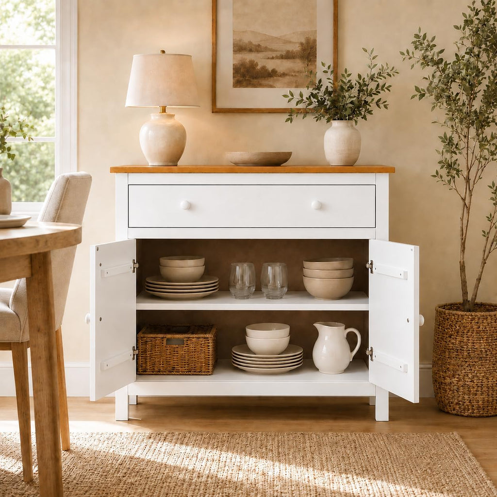 From the Tree Furniture 44" Wide White & Pine Top Solid Pine Shaker Sideboard Buffet Cabinet — 2 Doors, Adjustable Shelves & 1 Drawer — Anti-Tip Included — Two-Tone Farmhouse Finish for Dining Room