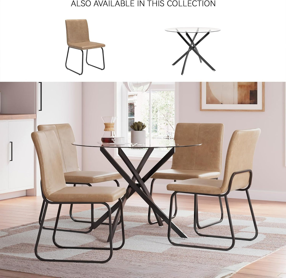 Signature Design by Ashley Pharwynn Modern Glass Tabletop Dining Table with Cross-Shaped Base, Black
