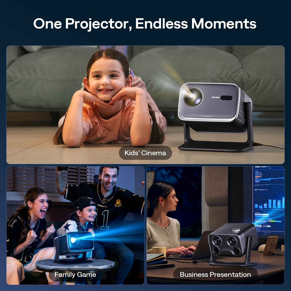 Aurzen BOOM mini Google TV Smart Projector with WiFi and Bluetooth, Voice Control, Family Mode, 20W Dolby Audio, Real-Time Focus,4K Supported Movie Projector for Bedroom/Home/Outdoor Live Sports,Black