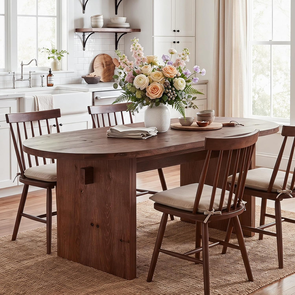 Tribesigns 63-Inch Oval Dining Table, Farmhouse Solid Wood Kitchen Table for 4-6, Large Dinner Furniture with Double Pedestal for Dining Room