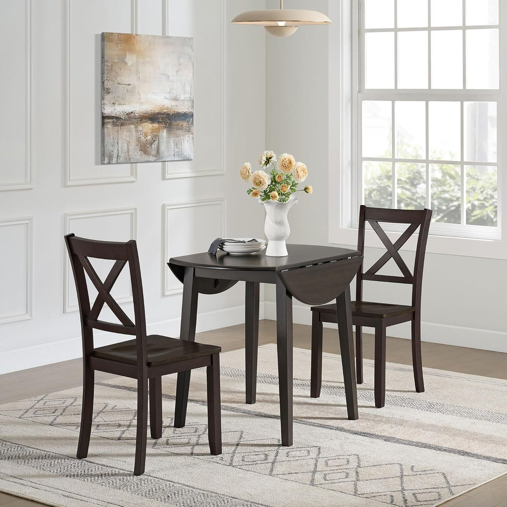 ROME + OAK Hinged Drop Leaf Dining Table, 22-36 Inch Round Tabletop with Sturdy Base, Dark Brown - Modern Solid Wooden Furniture Piece for Home