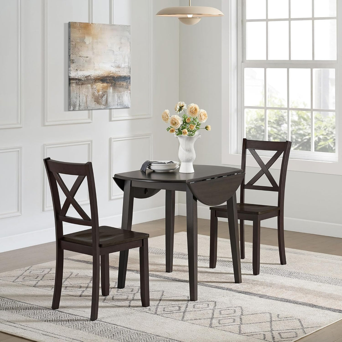 ROME + OAK Hinged Drop Leaf Dining Table, 22-36 Inch Round Tabletop with Sturdy Base, Dark Brown - Modern Solid Wooden Furniture Piece for Home
