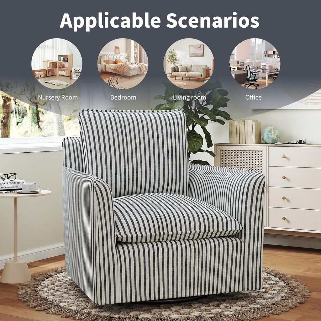 INZOY Swivel Accent Chair Set of 2, Upholstered Square Chair, Swivel Barrel Reading Chair with Thick Padded Backrest Cushion for Living Room Bedroom Small Space, Blue Stripe