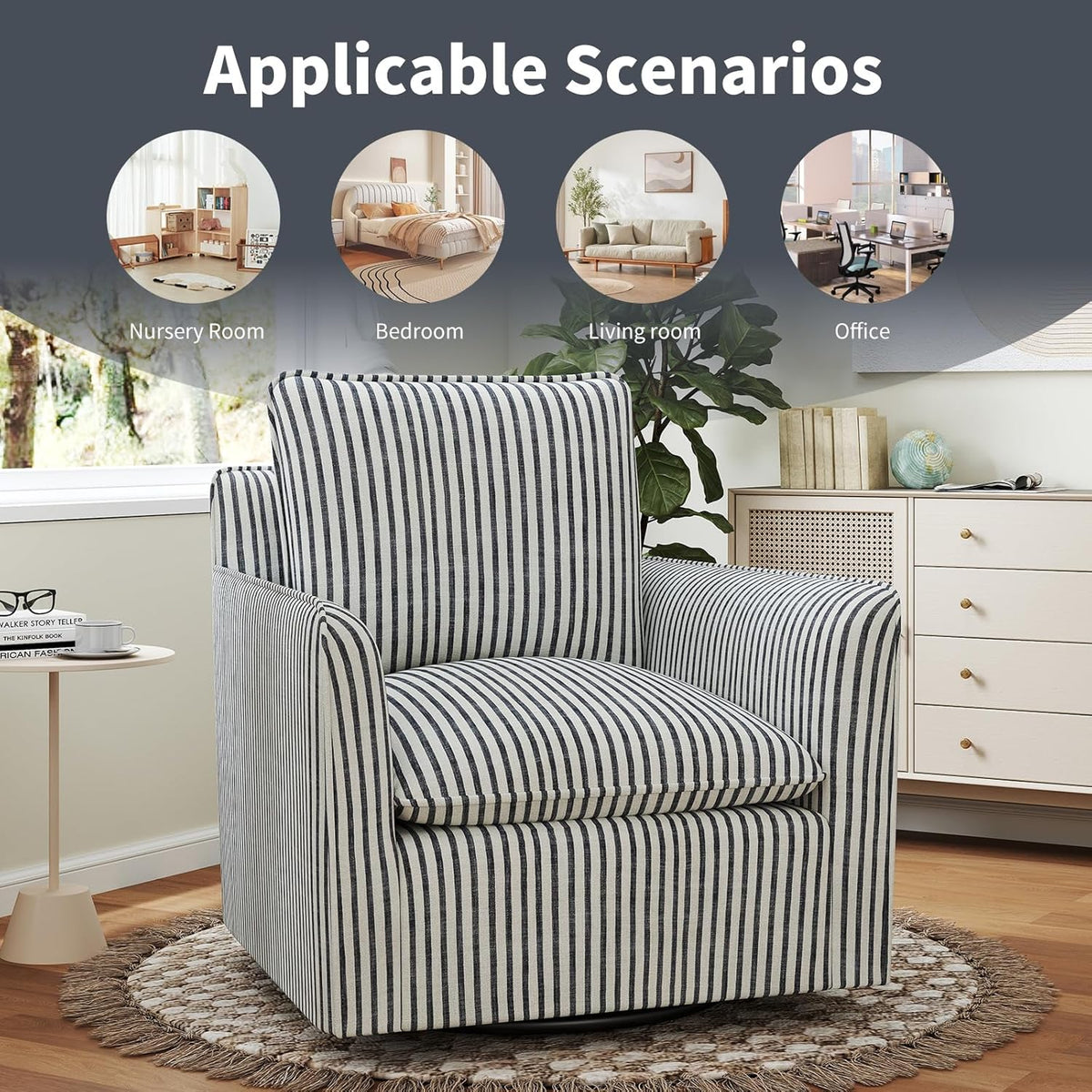 INZOY Swivel Accent Chair Set of 2, Upholstered Square Chair, Swivel Barrel Reading Chair with Thick Padded Backrest Cushion for Living Room Bedroom Small Space, Blue Stripe