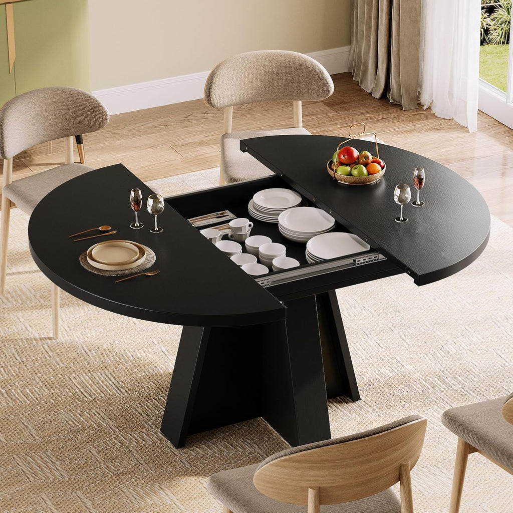 iPormis 43.3in-59in Extendable Round Dining Table for 4-6, Modern Wooden Kitchen Table for Dining Room, Adjustable Size Oval Circle Dinner Tables Furniture for Kitchen Living Room, Black