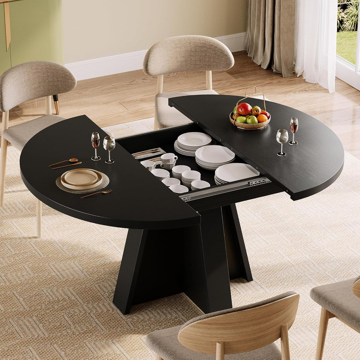 iPormis 43.3in-59in Extendable Round Dining Table for 4-6, Modern Wooden Kitchen Table for Dining Room, Adjustable Size Oval Circle Dinner Tables Furniture for Kitchen Living Room, Black