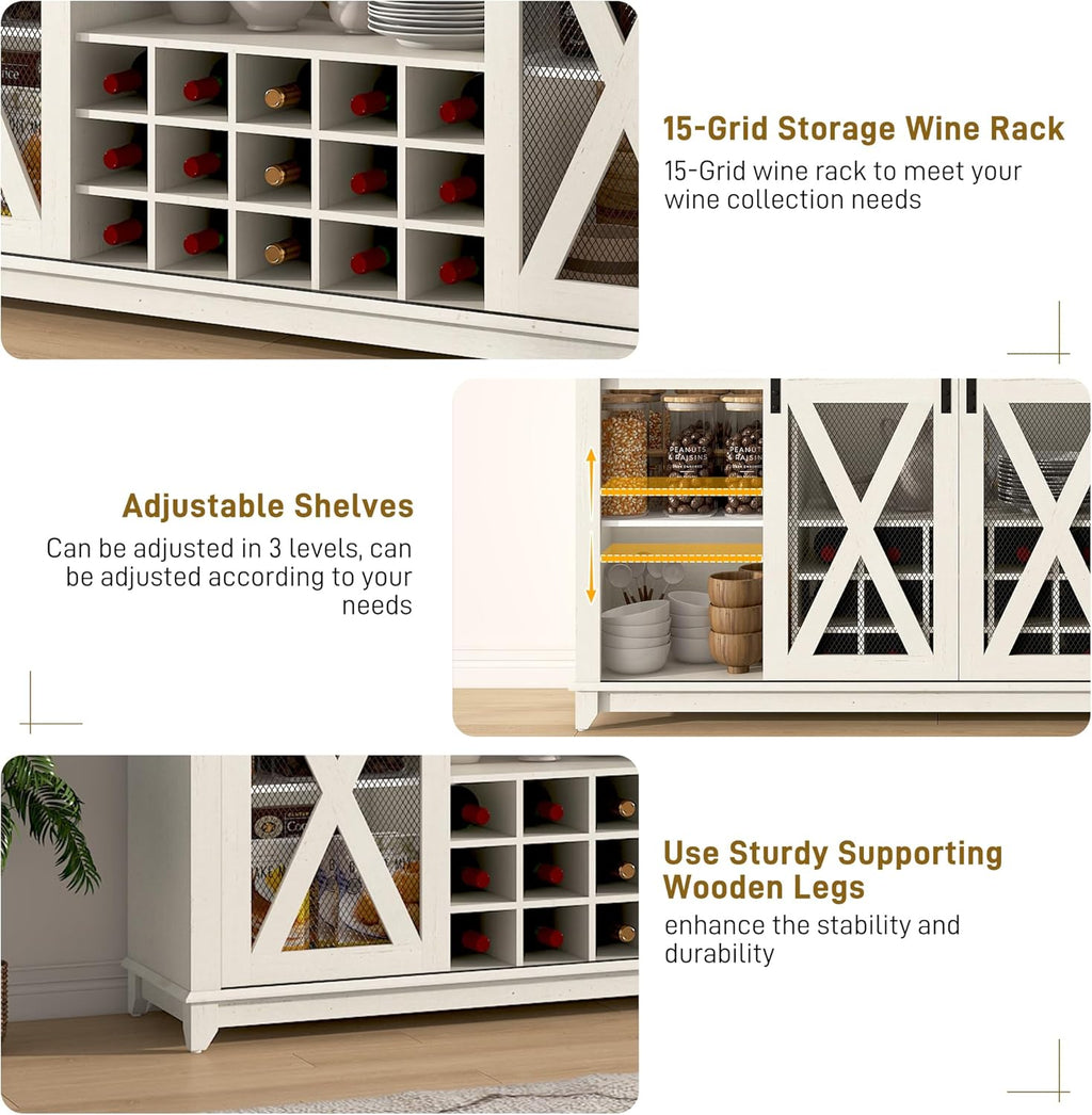 63"Wide 58"H Farmhouse Coffee Bar Cabinet with Power Outlet and LED Light,Wine Bar Cabinet w/ 4 Storage Hutch,Kitchen Buffet Cabinet with 15 Wine and Glass Racks for Kitchen Dining Room(Antique White)