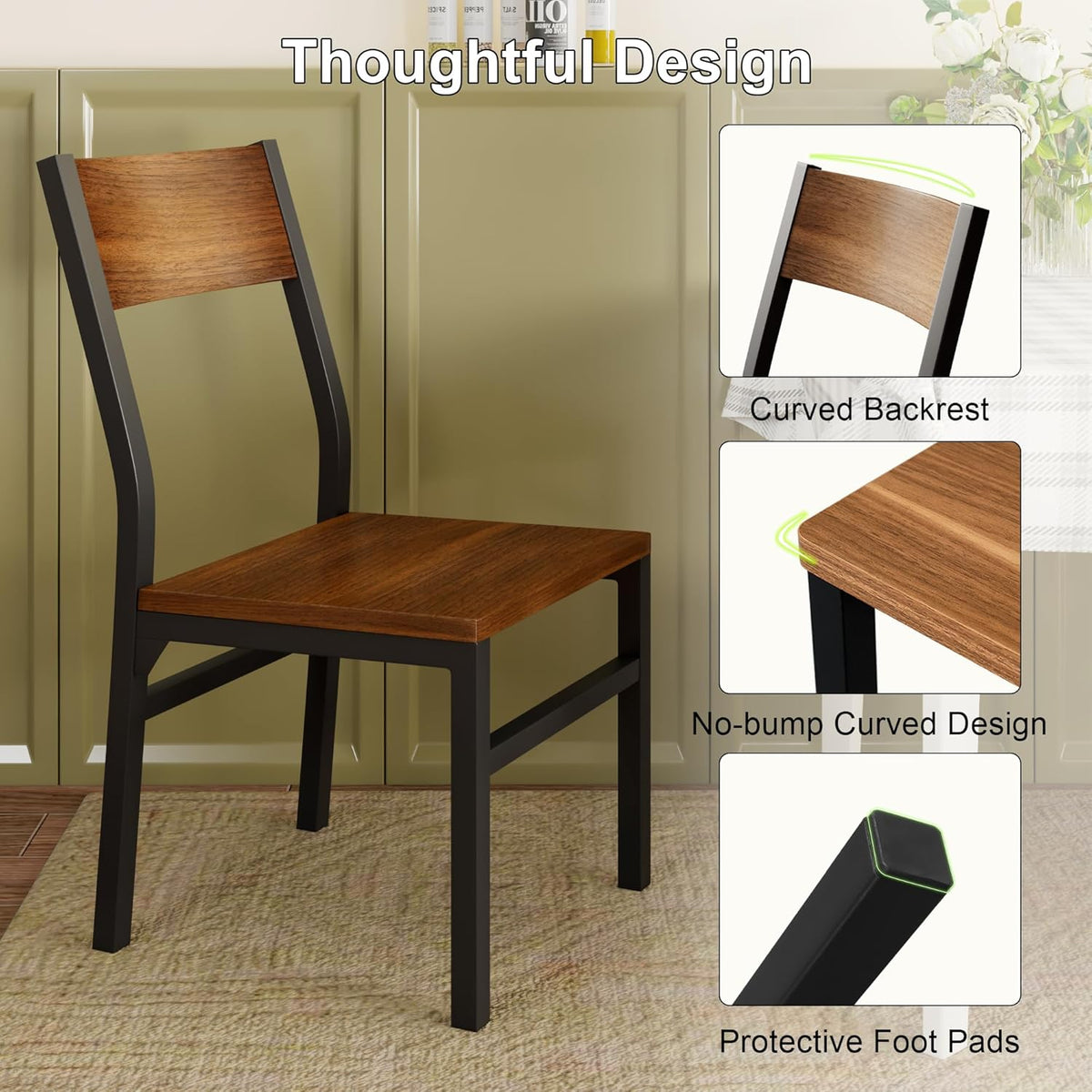 Feonase Dining Chairs Set of 6, Modern Kitchen Chairs with Ergonomic Backrest, MDF Board and Metal Legs, Dinner Chairs for Dining Room, Kitchen and Living Room, Walnut