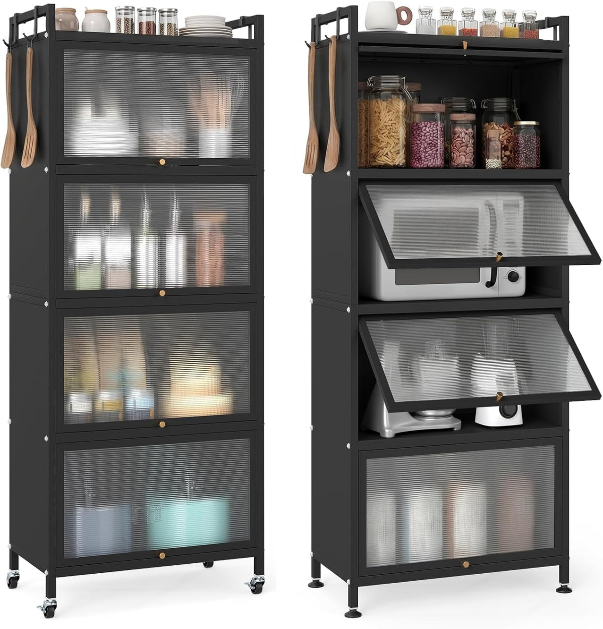 Giantex 5-Tier Kitchen Storage Cabinet, Mobile Microwave Stand with Flip-up PC Doors, Freestanding Kitchen Bakers Rack with 4 Rolling Casters, for Dining Room, Living Room and Study, Black