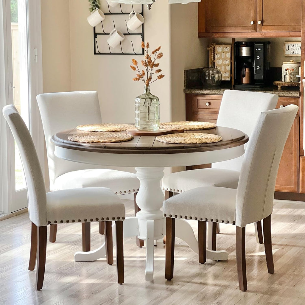 COLAMY Upholstered Dining Chairs Set of 4, Parsons Style Linen Beige Accent Chairs with High Back, for Round Kitchen Table or Small Dining Room – Comfortable & Stylish