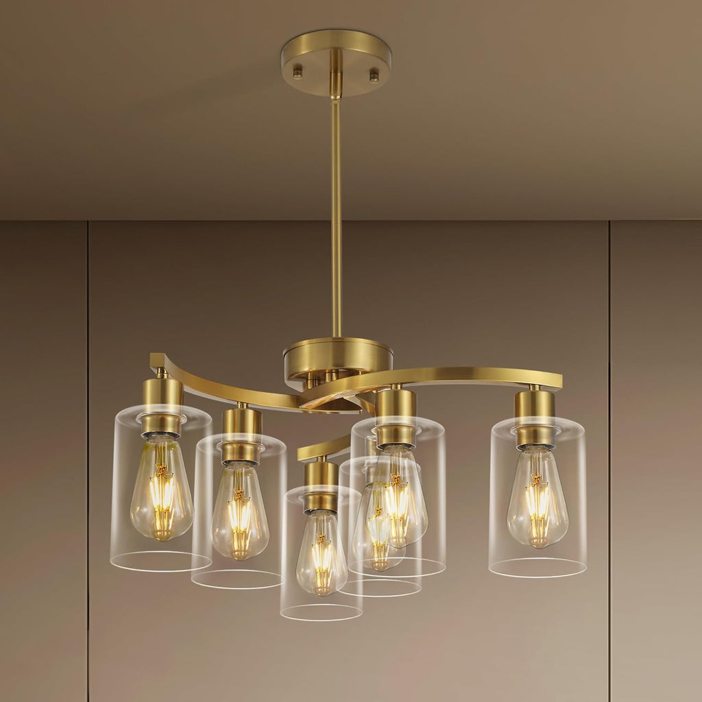 6 Light Gold Dining Room Light Fixture .Modern Farmhouse Kitchen Chandeliers Over Table .Adjustable Height Hanging Pendant Lighting for Kitchen Island  .with Glass Shade