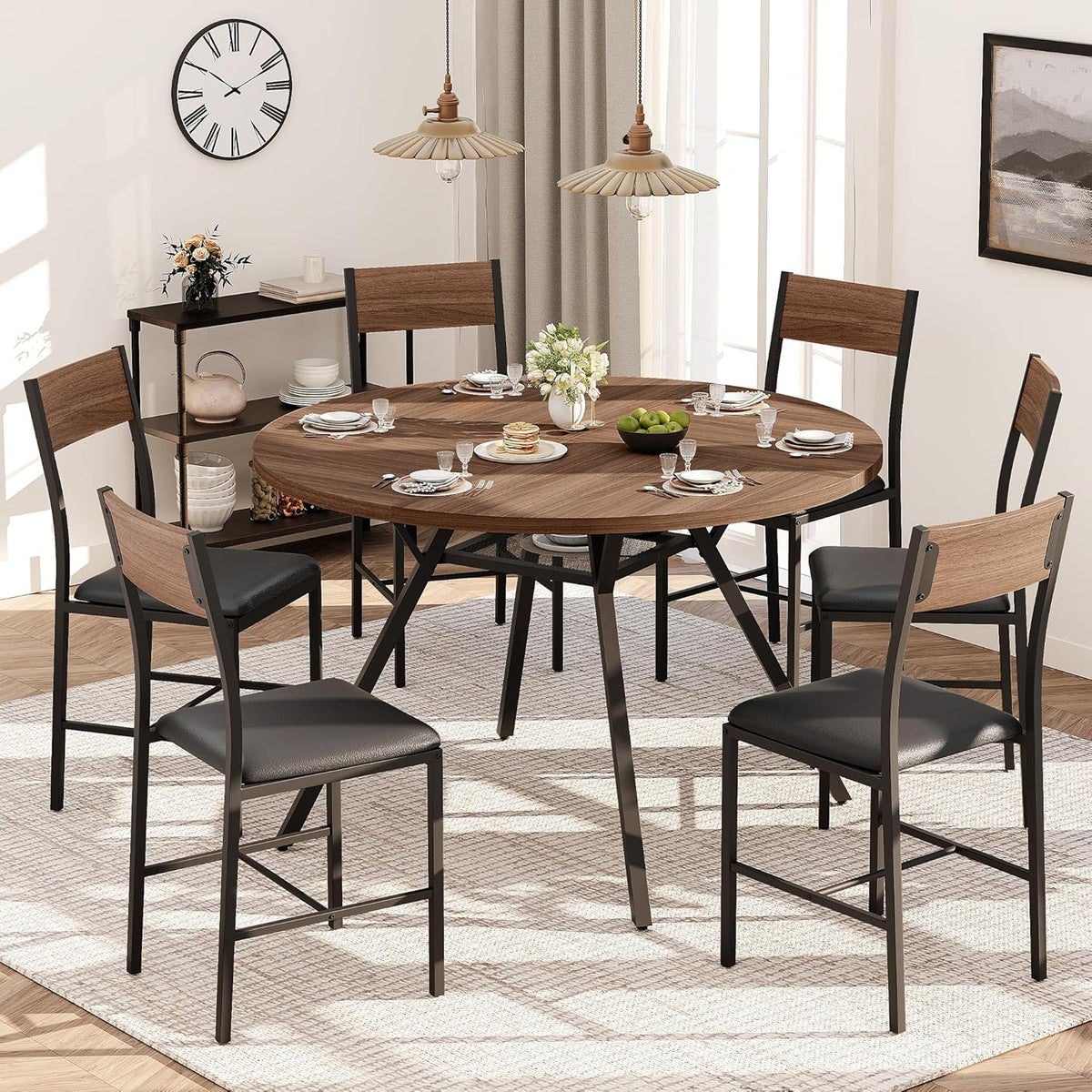 Pamapic 47'' Round Dining Table Set for 6, Kitchen Table and Chairs for 6, Dining Room Circle Dinner Pedestal Table, Solid Metal Frame,Space Saving Wood Small Kitchen & Dining Room Furniture,Walnut