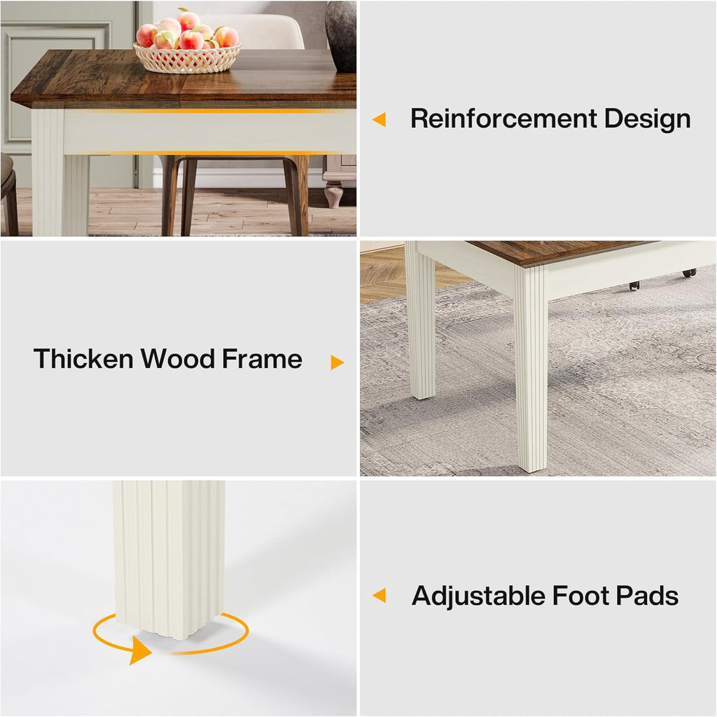 Tribesigns Dining Table for 4-6 People, 62-Inch Rectangular Kitchen Table with Solid Wood Legs, Modern Farmhouse Dinner Table for Dining Room, Kitchen, Living Room, Rustic Brown & Cream White