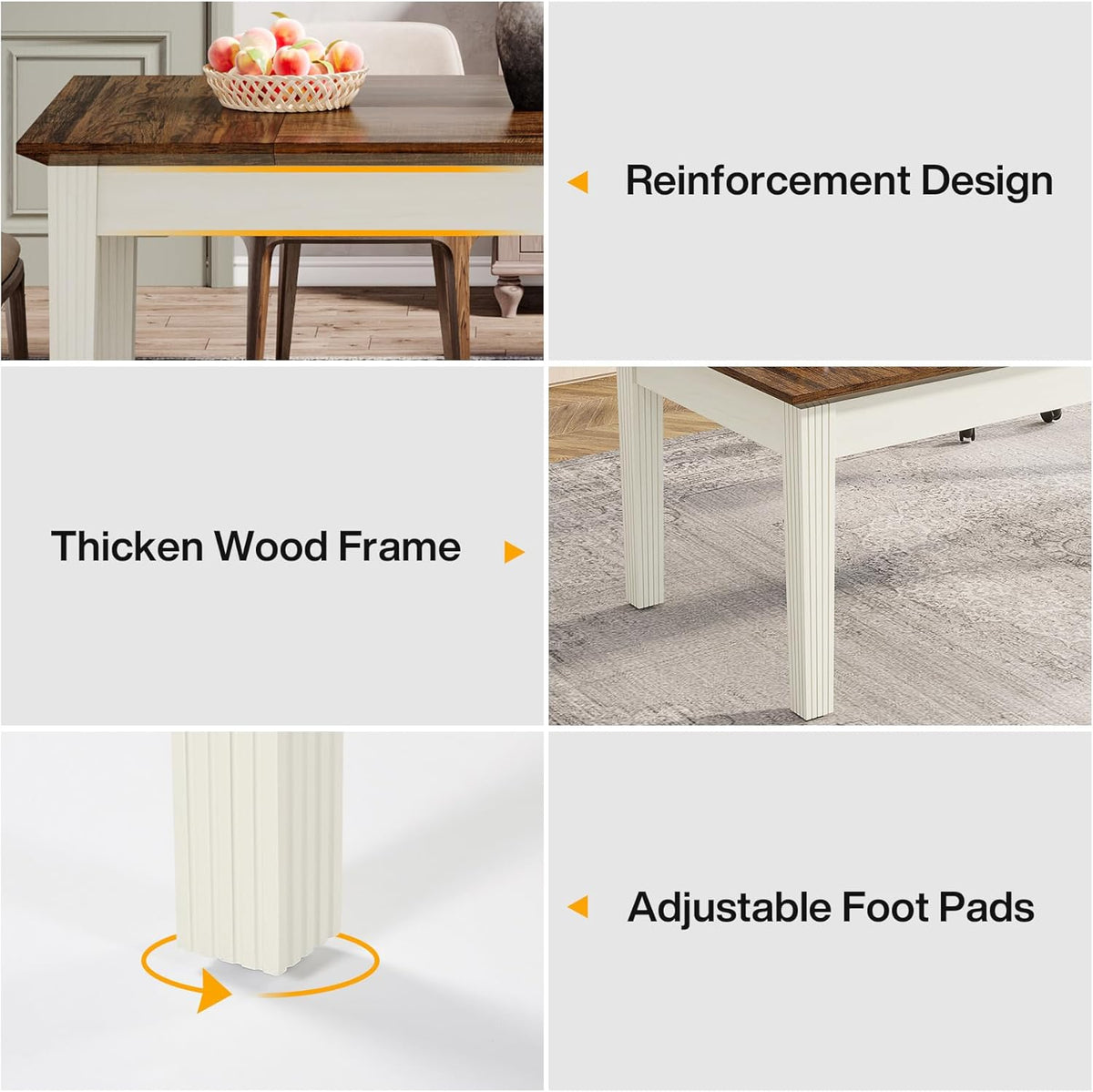 Tribesigns Dining Table for 4-6 People, 62-Inch Rectangular Kitchen Table with Solid Wood Legs, Modern Farmhouse Dinner Table for Dining Room, Kitchen, Living Room, Rustic Brown & Cream White