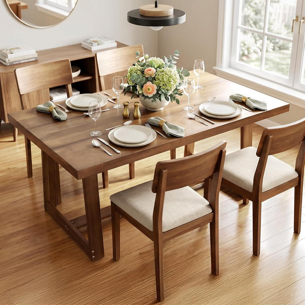 VINGLI 48 Inch Farmhouse Dining Table for 4-6, Solid Pine Wood Table with 4 Corner Protectors, Rectangular Dining Table for Kitchen, Dining Room, Small Apartment, Studio, Family Dinner, Walnut