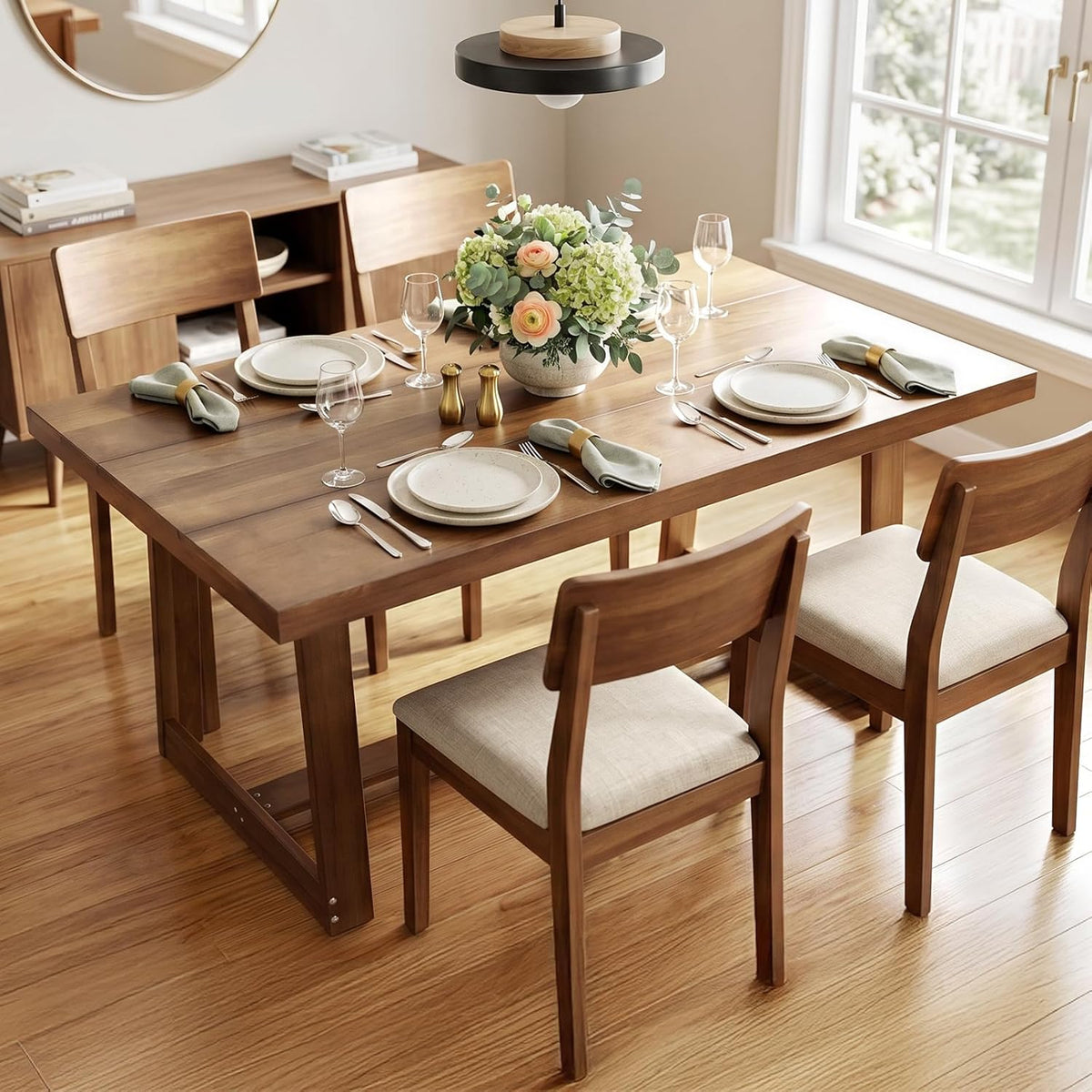 VINGLI 48 Inch Farmhouse Dining Table for 4-6, Solid Pine Wood Table with 4 Corner Protectors, Rectangular Dining Table for Kitchen, Dining Room, Small Apartment, Studio, Family Dinner, Walnut