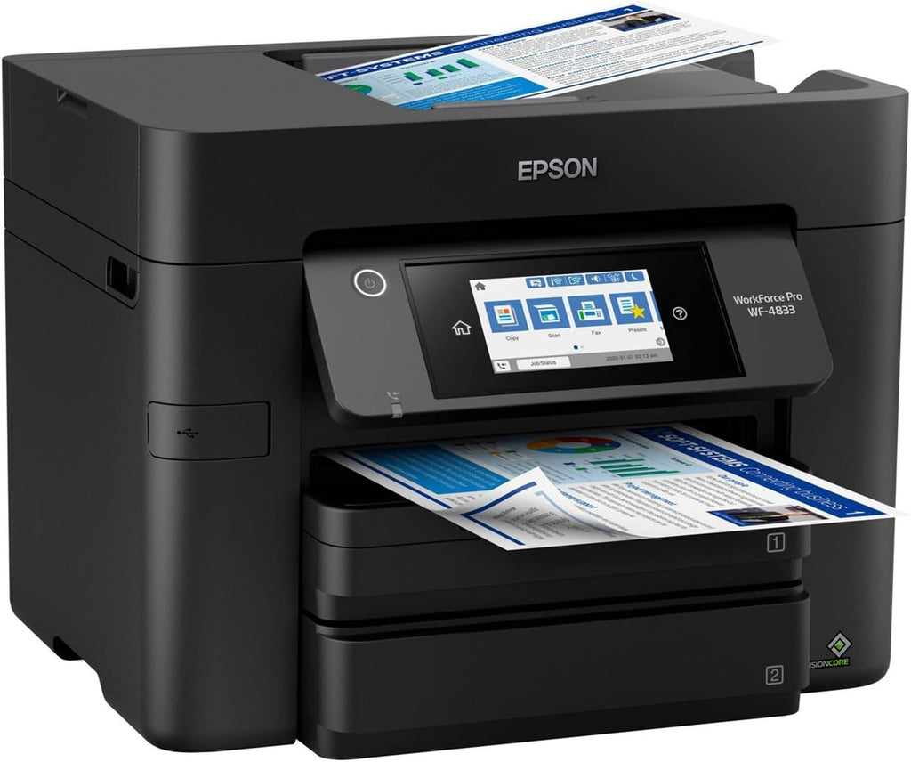 Epson Workforce Pro WF-4833 Wireless All-in-One Color Inkjet Printer, Black - Print Scan Copy Fax - 25 ppm, 4800 x 2400 dpi, 4.3" Touchscreen, Auto 2-Sided Printing, 50-Sheet ADF, 500-Sheet, Ethernet