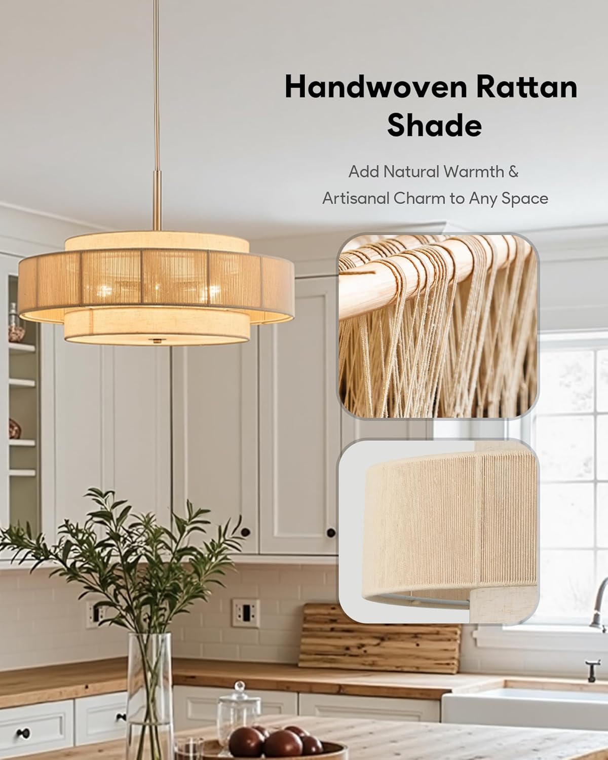 VONLUCE 23.6" Boho Rattan Chandelier, 6-Light Drum Chandelier with 3-Tier Woven Lampshade, Rattan Ceiling Light for Dining Room Bedroom Living Room with E26 Sockets, Nickel Finish, ETL Certified