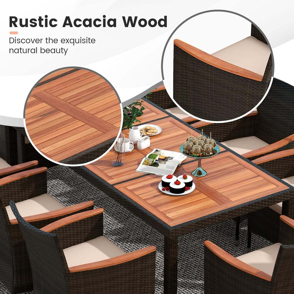 Tangkula 11 Pieces Rattan Outdoor Dining Set with 15Ft Solar Patio Umbrella for 8, Outdoor Wicker Table Set with 8 Cushioned Chairs, Acacia Wood Top, Outdoor Umbrella with Base Included