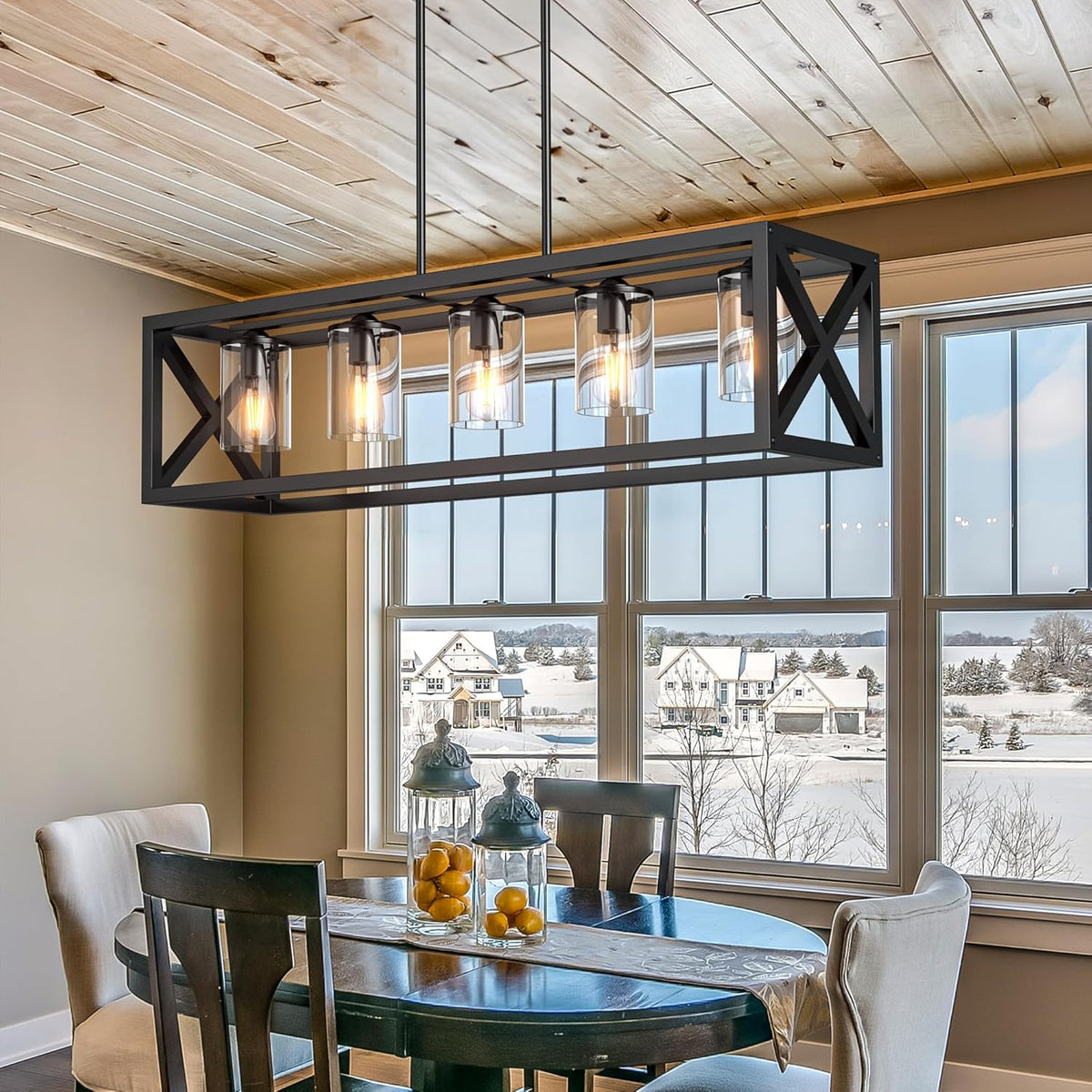 Farmhouse Dining Room Light Fixture - 5 Light Matte Black Rectangle Light Fixture with Adjustable Height & Thickened Metal Dining Table Fixture Chandeliers for Dining Room&Kitchen Island