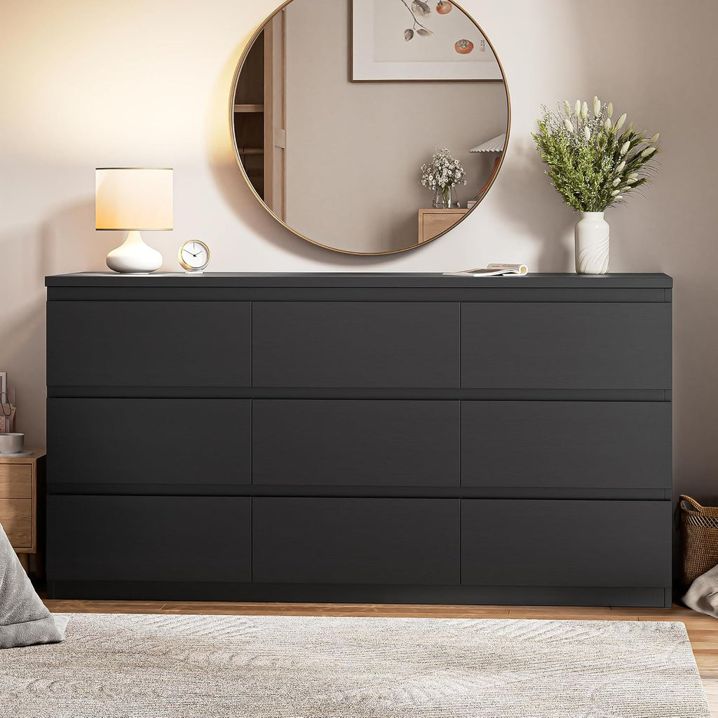 Jocoevol Modern Pink 9 Drawer Dresser for Bedroom, Simply Chest of Drawers, Wood Storage Dresser with Deep Drawers for Living Room Hallway Entryway (Black)
