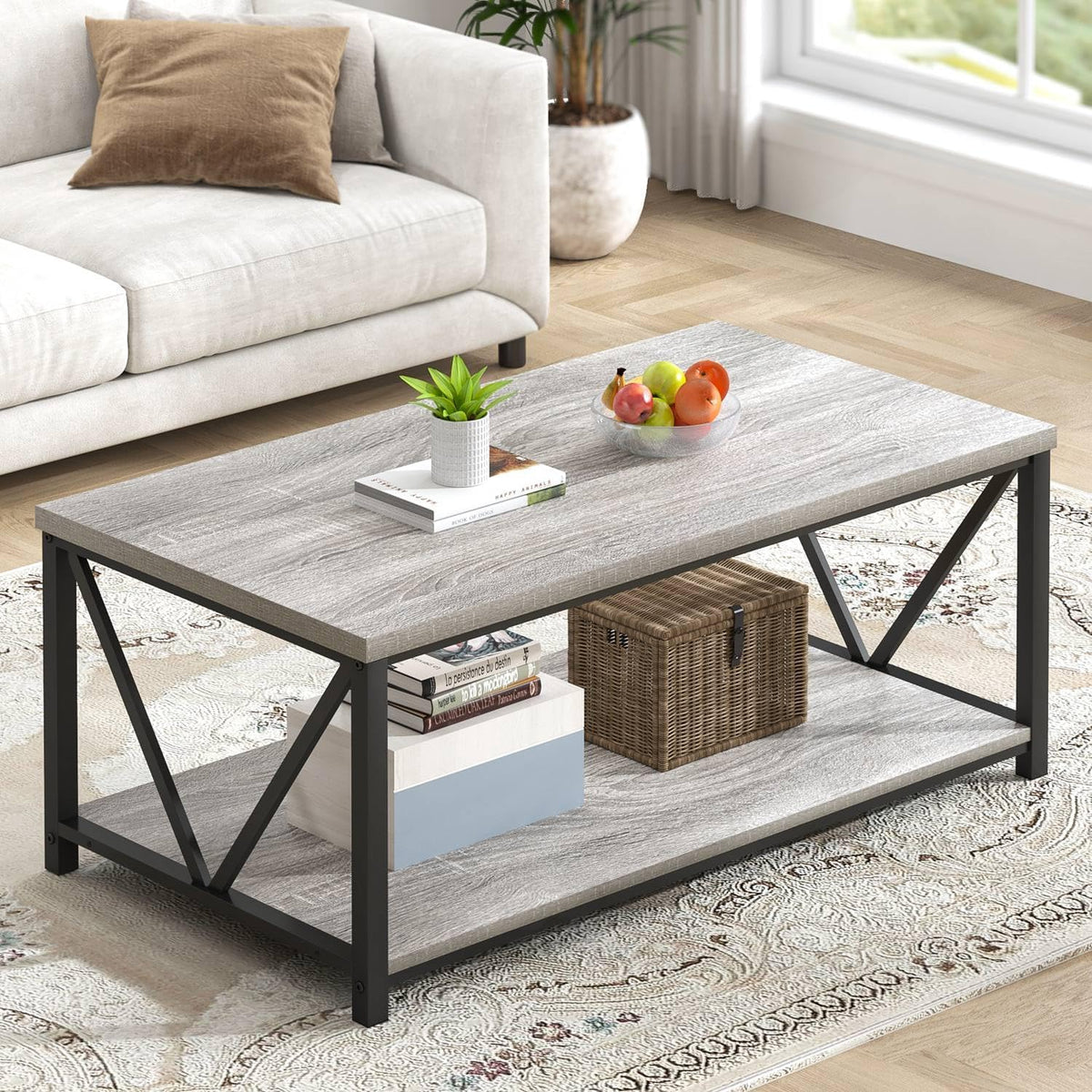 FOLUBAN Modern Coffee Table, Rustic Wood and Metal Center Table with Storage Shelf, Industrial Cocktail Table for Living Room, Light Grey, 39 Inch