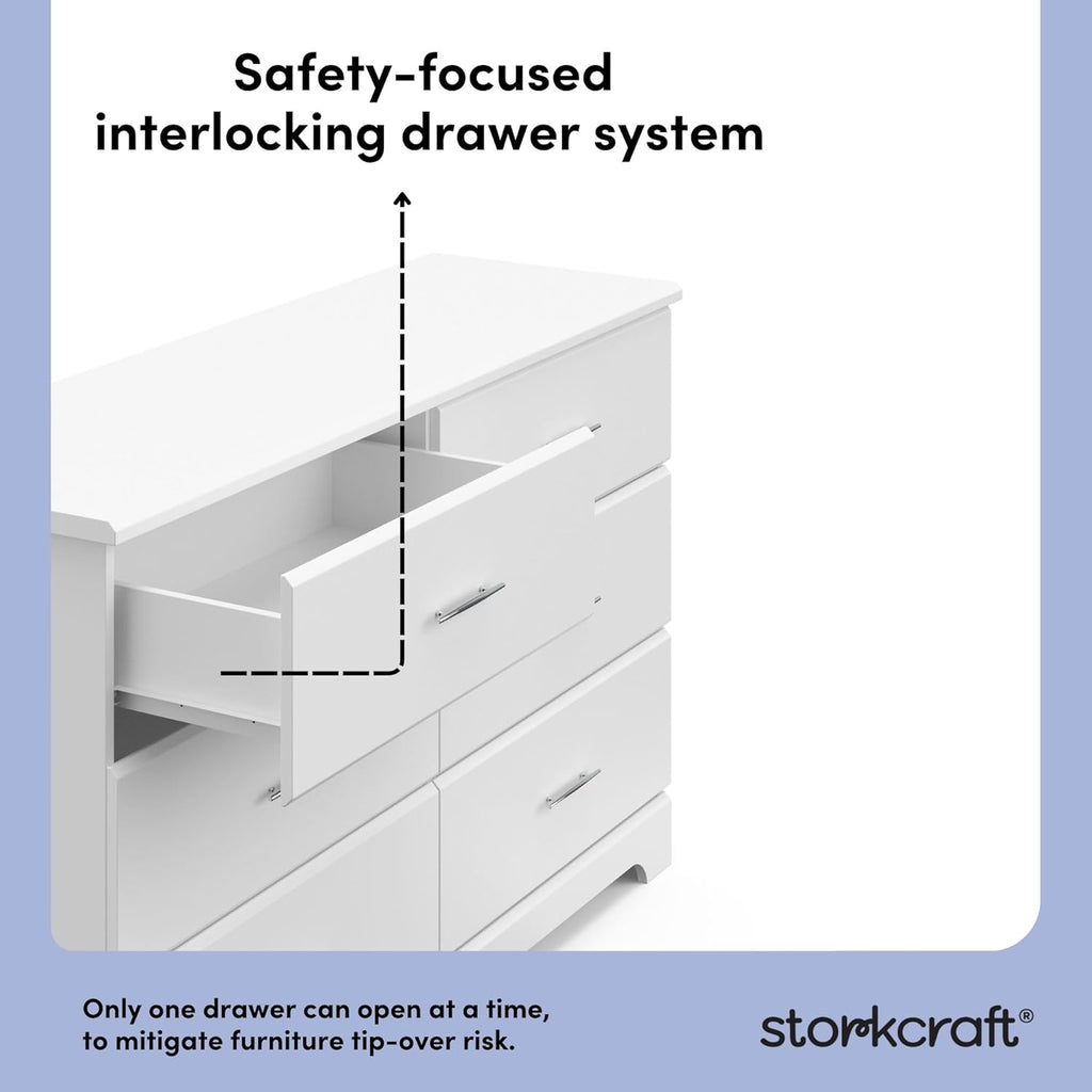 Storkcraft Brookside 6-Drawer Dresser (White) – GREENGUARD Gold Certified, White Dresser for Bedroom, Kids & Nursery Storage Chest, Safety Interlocking Drawers, Pre-Installed Tracks, Kids Chest