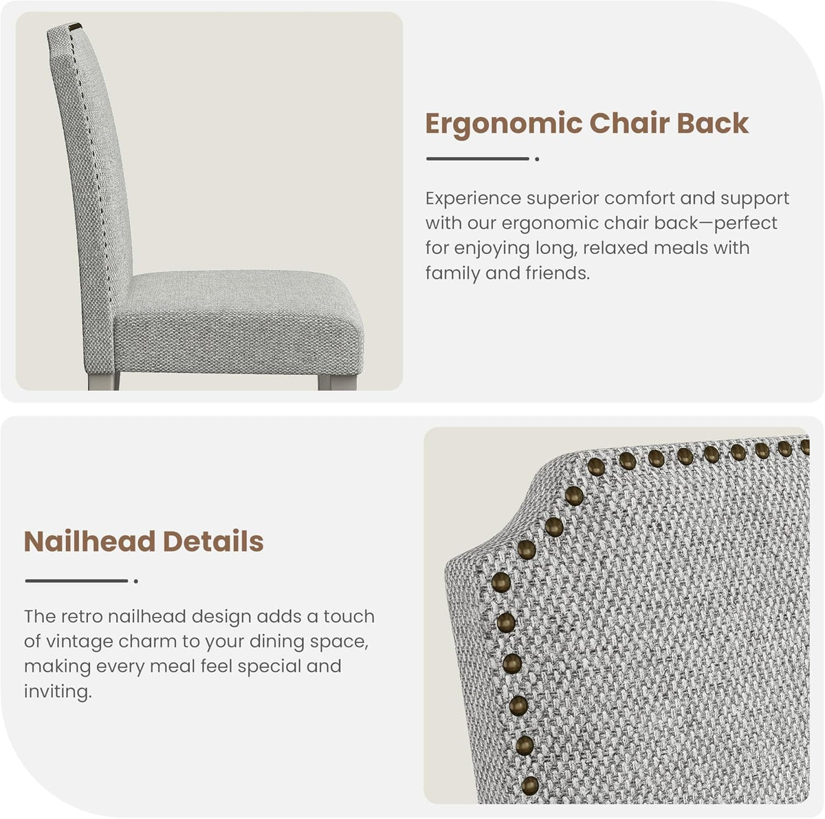 GarveeHome Upholstered Dining Chair Set, Solid Wood Chairs with Solid Wood Legs, Padded High Back Dining Chair with Nailhead Trim, Fabric Side Chair for Dining Room Kitchen Restaurant (Grey, 2PCS)