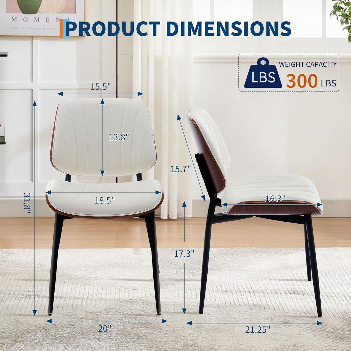 Garvee Dining Chairs Set of 4, Mid-Century Modern Upholstered Retro PU Leather Kitchen Chairs with Walnut Bentwood Back and Metal Legs Adjustable Feet for Kitchen Dining Room, White Shell Strips