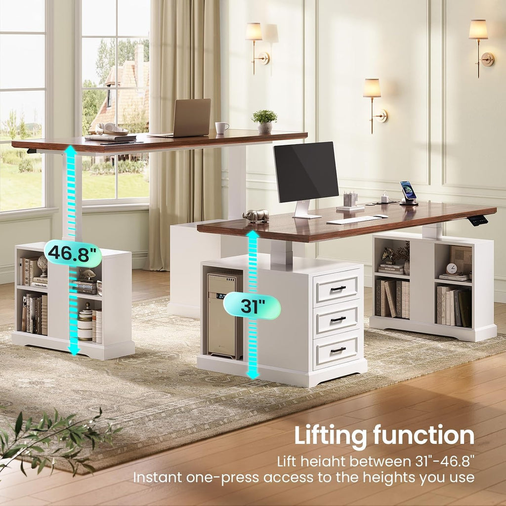 SEDETA Farmhouse Electric Standing Desk, 63" Height Adjustable Computer Desk with 3 Drawers, Storage Shelves, Power Outlets, Wood Home Office Stand up Desk for Work, Study, Writing, White