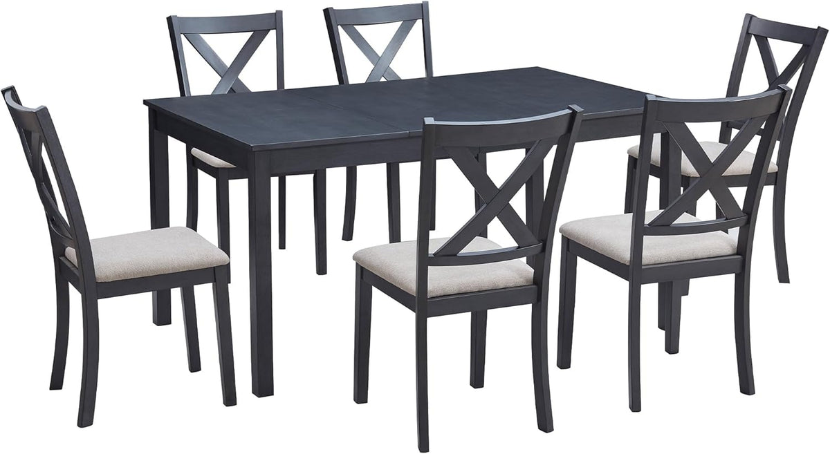 AMERLIFE 7-Piece Farmhouse Dining Table Set with 6 Upholstered Chairs, 60" Space-Saving Dining Table & Chair Set for Dining Room, Kitchen, Small Apartment, Restaurant, Grey