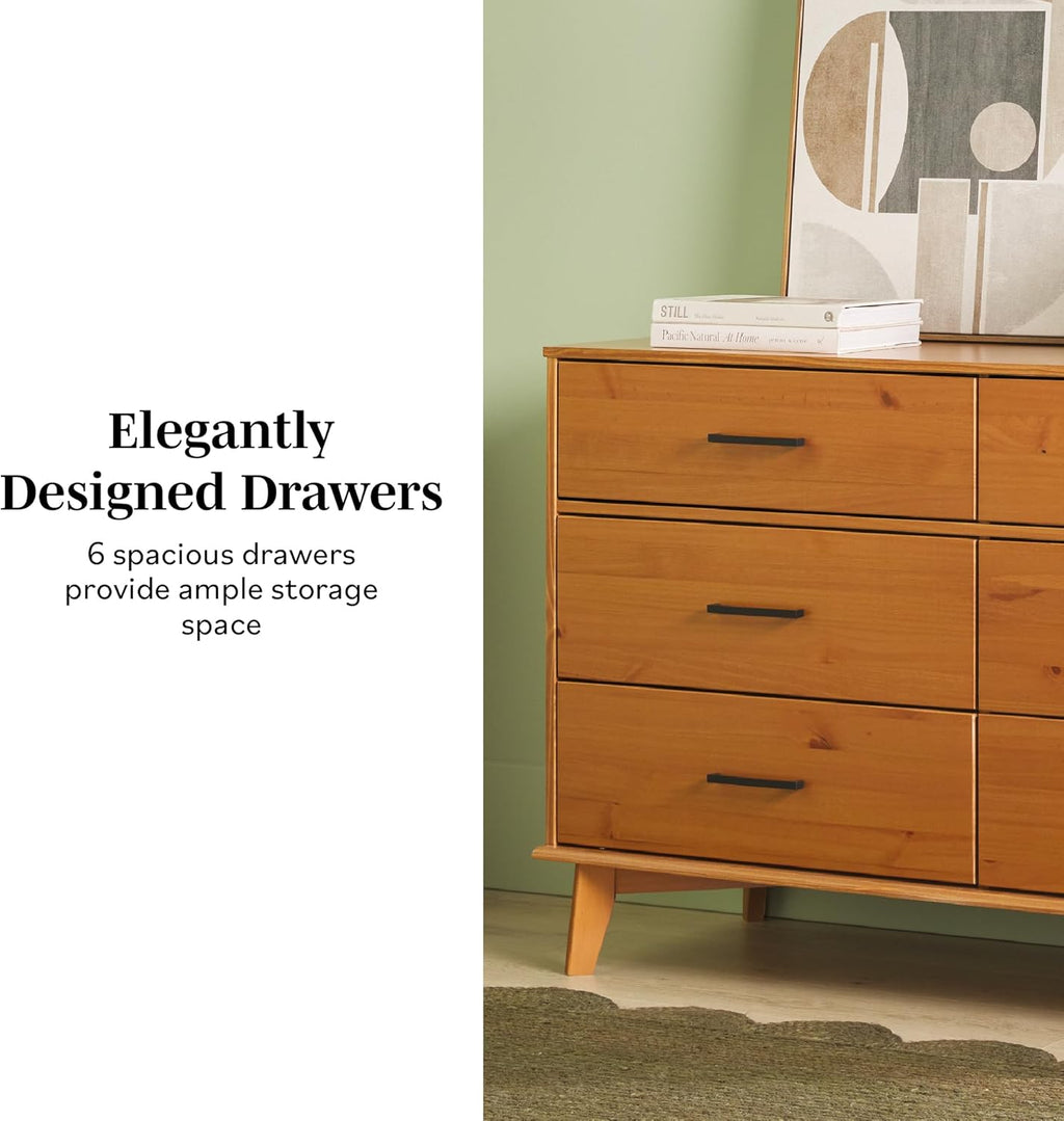 Walker Edison Sloane 6-Drawer Solid Wood Dresser with Metal Handles, 52 Inch, Caramel