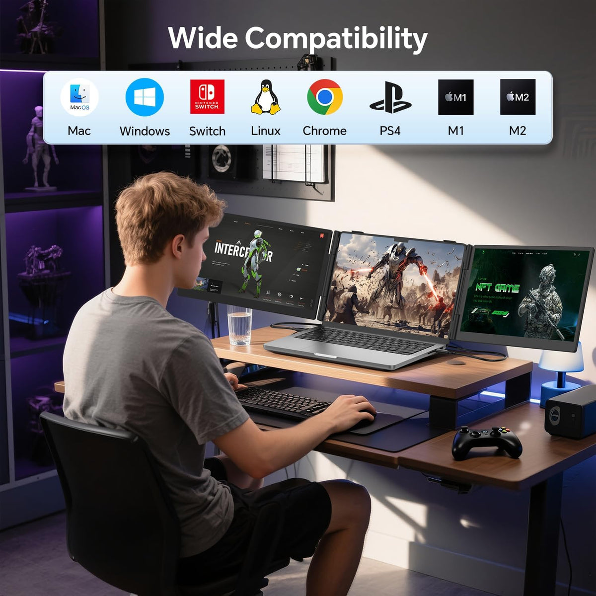 Laptop Screen Extender, 14" Ultra-Slim Triple Portable Monitor, 1080P FHD IPS Display, USB-C/HDMI Plug & Play, Monitor Extender for 13-17.3" Laptops, Mac/Windows/Chrome