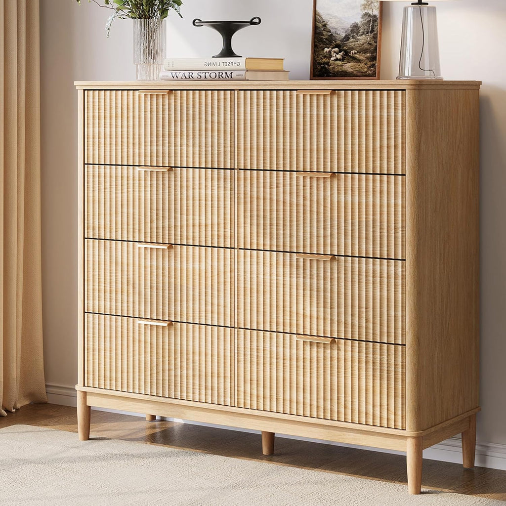 LINSY HOME Fluted Dresser for Bedroom with 8 Drawers, 47" Wide Mid Century Modern Dressers, Tall Boho Chest of Drawers, Large Wood Accent Storage Cabinet for Living Room, Curved Profile Design, Oak