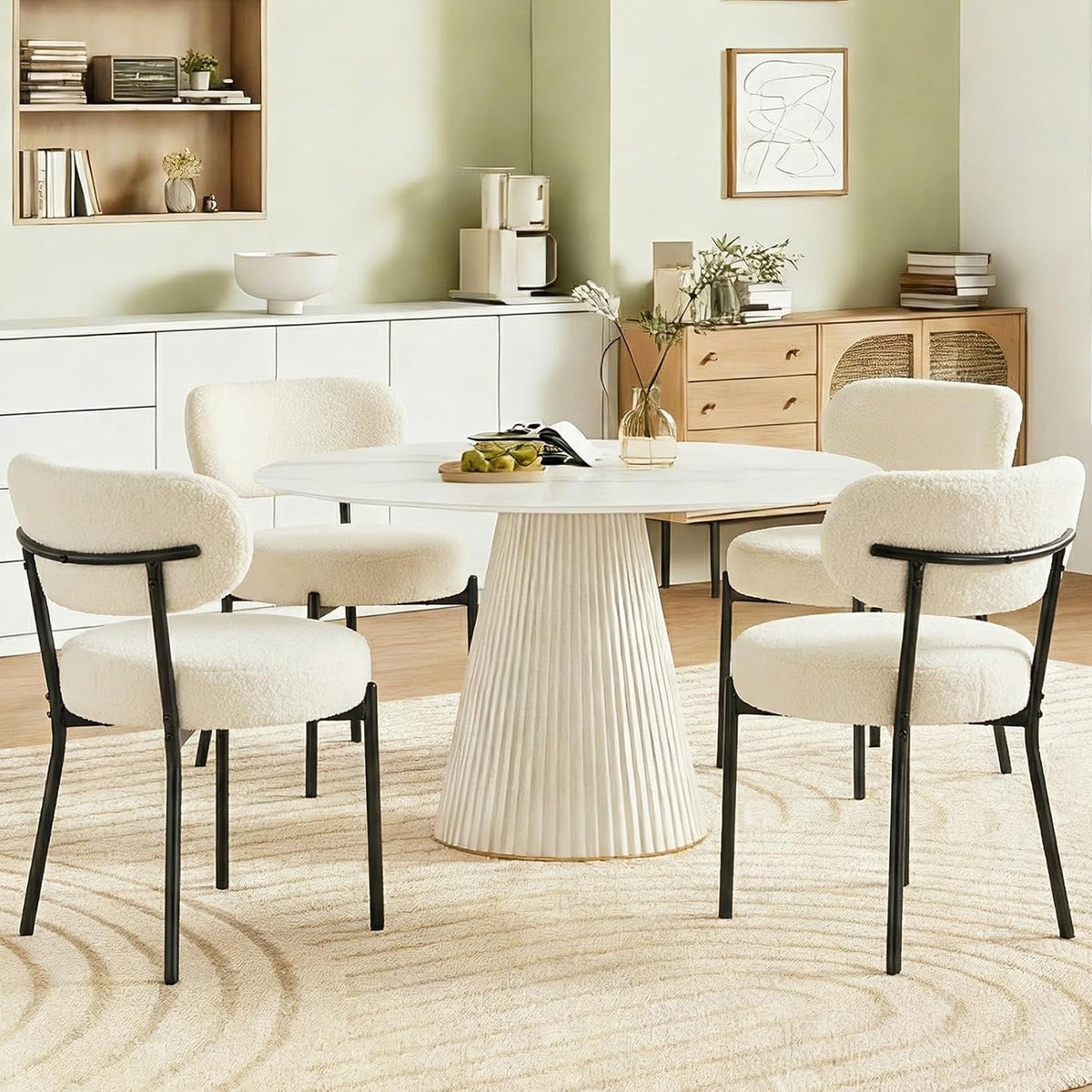 DUMOS Dining Chairs Set of 4, Mid Century Modern Chair Round Upholstered Curved Backrest, Kitchen Vanity Living Room Chairs with Black Metal Legs .Light Beige