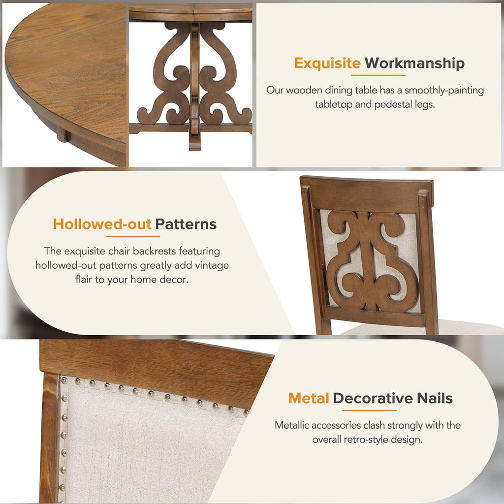 Merax Round Dining Table Set for 4, 42"-58" Extendable Kitchen Table Set with 4 Upholstered Chairs, Farmhouse Dining Table and Chairs Set for Kitchen, Dining Room, Living Room, Walnut