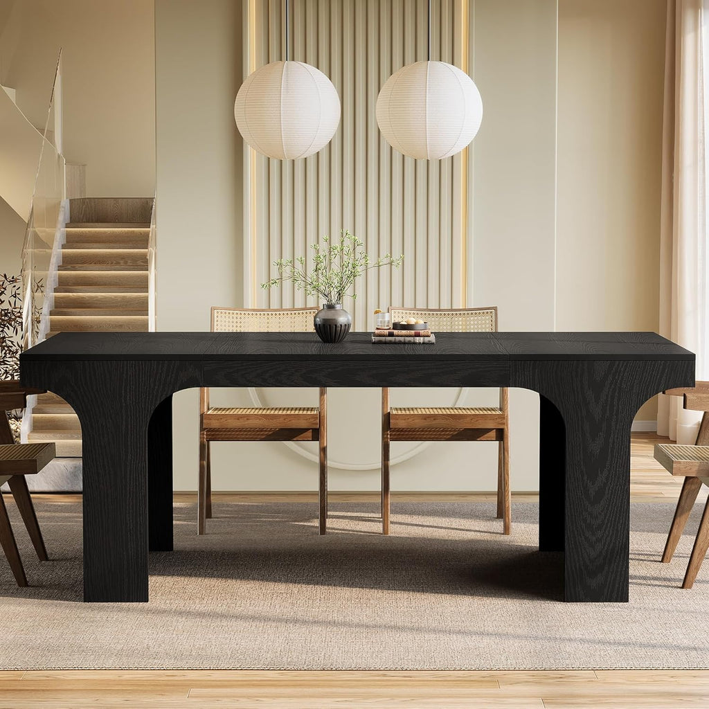 Tribesigns 71-Inch Farmhouse Dining Table for 6-8, Long Modern Wooden Kitchen Table with Arched Design, Large Rectangular Dining Furniture with Double Pedestal for Dinner Room, Black