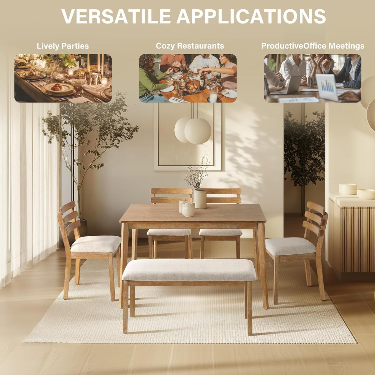 SIMTONAL 6 Piece Dining Table Set with Bench, Wooden Rectangular Kitchen Table and 4 Upholstered Chairs, Farmhouse Dining Room Furniture for Family Meals, Light Oak Finish
