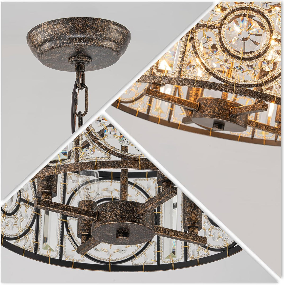 Bronze Vintage Crystal Chandeliers for Dining Room 14.17" Drum Pendant Lights, Dining Room Light Fixtures Over Table, Hanging Chandelier for High Ceiling Kitchen Island Living Room Foyer